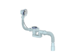 TRAMPA PARA TINA AUTOMÁTICO CON VÁLVULA  REBALSE CROMADO, REJILLA ACERO INOX, FLEXIBLE SALIDA 40 x 40 / 50, LARGO FLEXIBLE 400mm